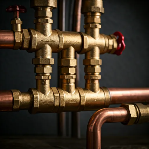Brass gas manifold fittings and valves on copper gas piping