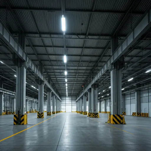 Large industrial warehouse lit by rows of LED high-bay lighting